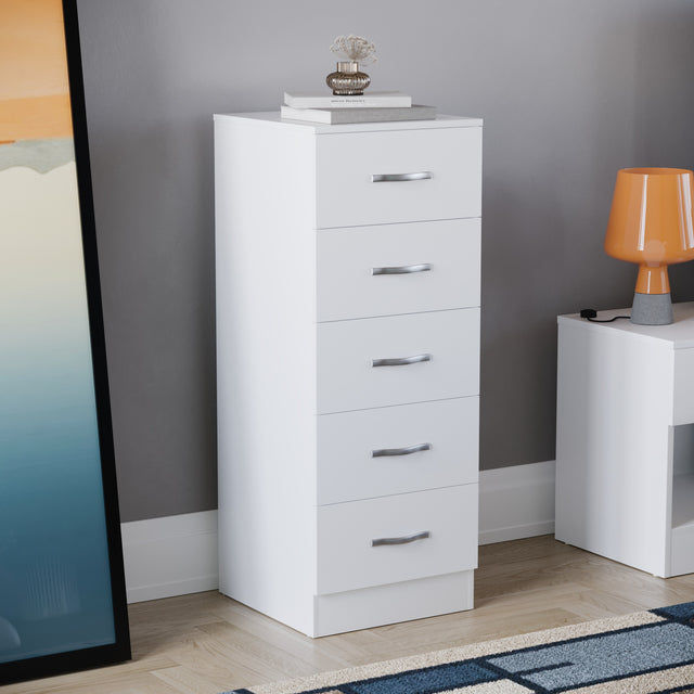 Riano 5 Drawer Narrow Chest White Bedroom Storage Unit
