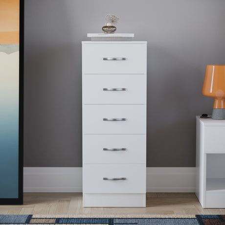 Riano 5 Drawer Narrow Chest White Bedroom Storage Unit
