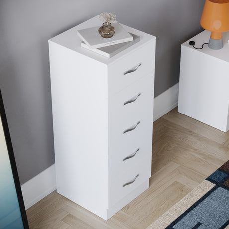 Riano 5 Drawer Narrow Chest White Bedroom Storage Unit
