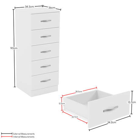 Riano 5 Drawer Narrow Chest White Bedroom Storage Unit
