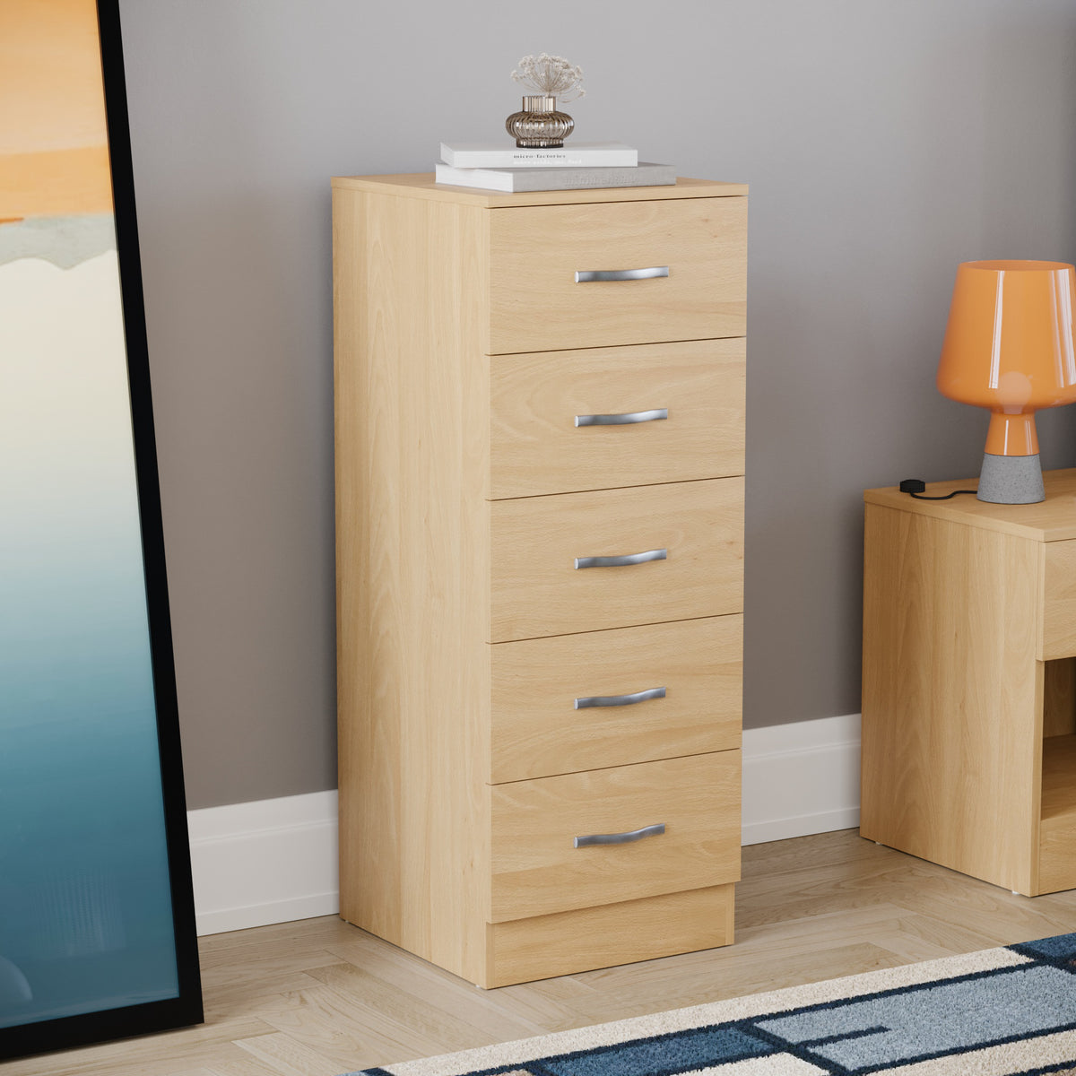 Riano 5 Drawer Narrow Chest Pine Bedroom Storage Unit
