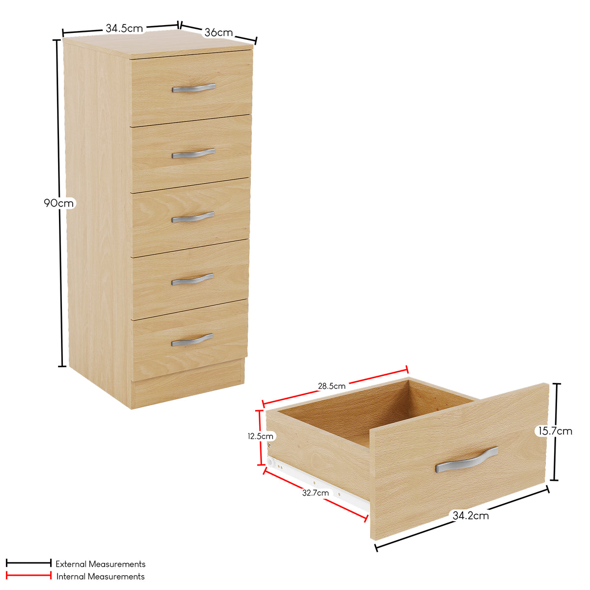 Riano 5 Drawer Narrow Chest Pine Bedroom Storage Unit
