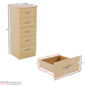 Riano 5 Drawer Narrow Chest Pine Bedroom Storage Unit
