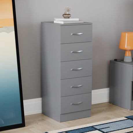 Riano 5 Drawer Narrow Chest Grey Bedroom Storage Unit
