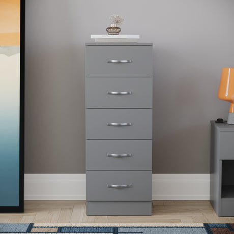 Riano 5 Drawer Narrow Chest Grey Bedroom Storage Unit
