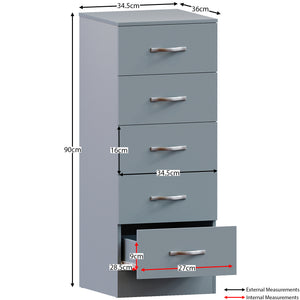 Riano 5 Drawer Narrow Chest Grey Bedroom Storage Unit
