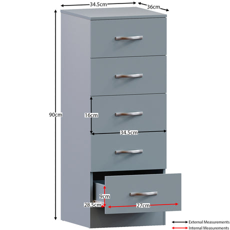 Riano 5 Drawer Narrow Chest Grey Bedroom Storage Unit
