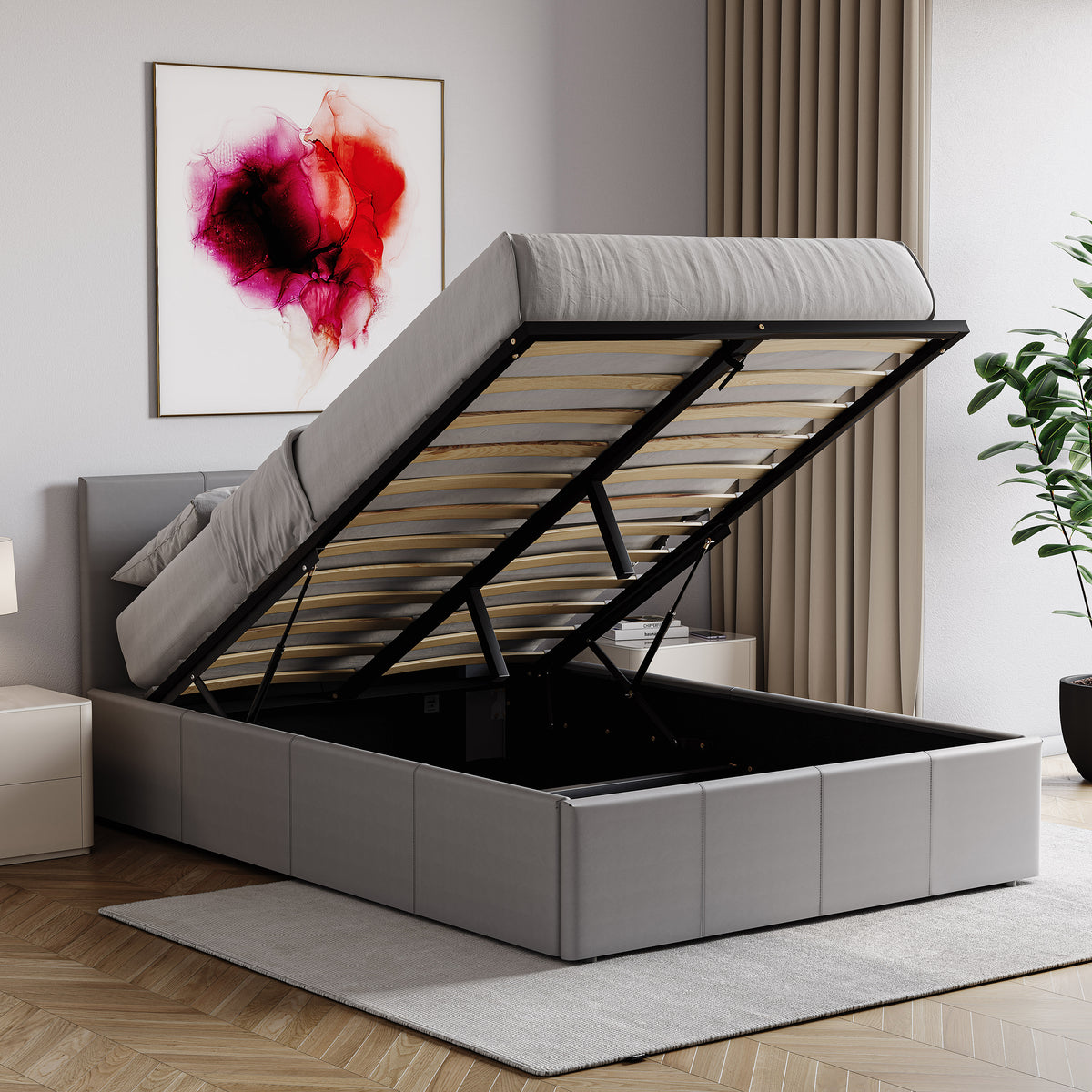 Lisbon Small Double Ottoman Faux Leather Bed, Grey UKFR