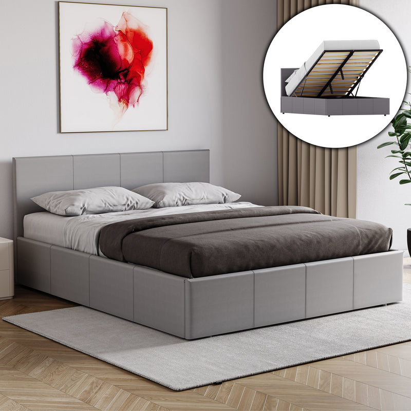 Lisbon King Size Ottoman Faux Leather Bed, Grey UKFR