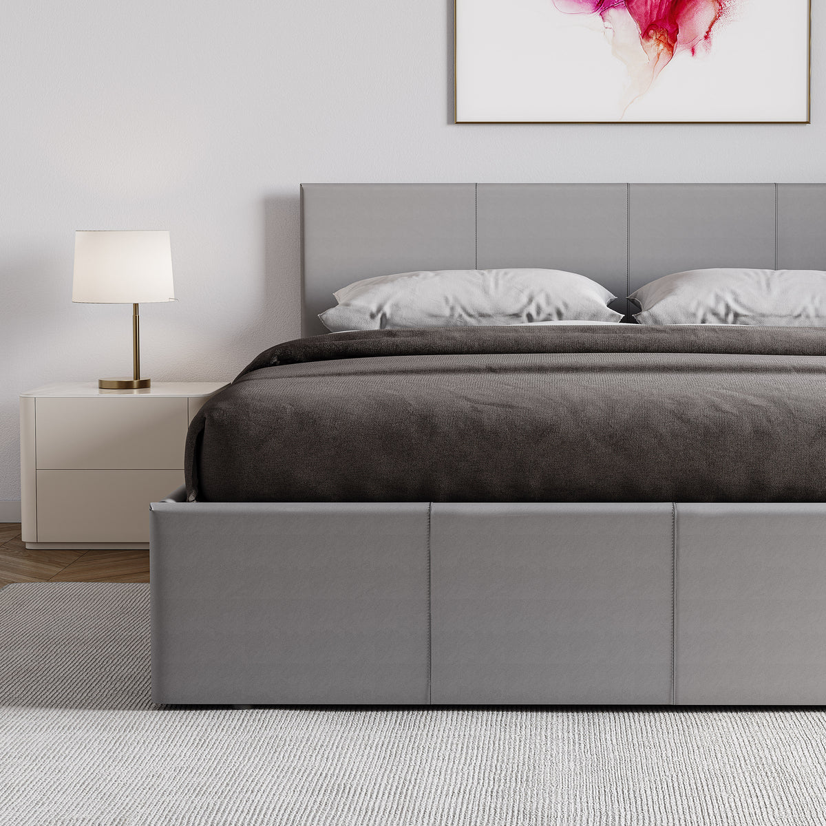 Lisbon King Size Ottoman Faux Leather Bed, Grey UKFR