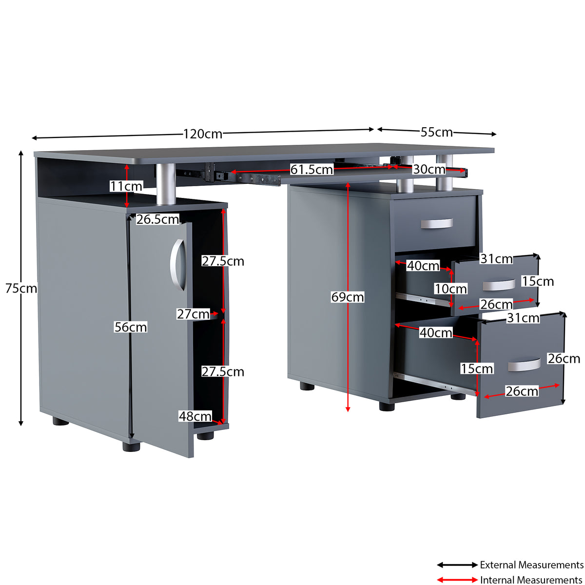 Otley 3-Drawer 1-Door Computer Desk, Grey