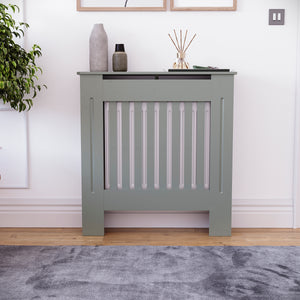 Small Olive Grey Chelsea radiator cover with decorative slatted front.
