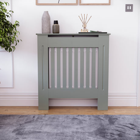 Small Olive Grey Chelsea radiator cover with decorative slatted front.
