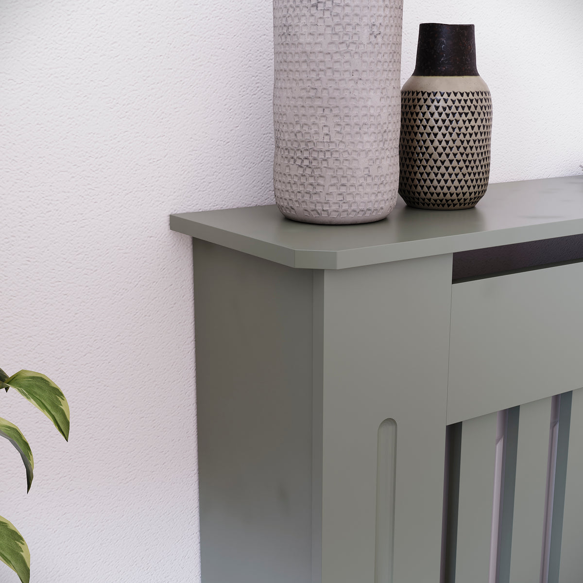 Small Olive Grey Chelsea radiator cover with decorative slatted front.