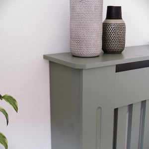 Small Olive Grey Chelsea radiator cover with decorative slatted front.