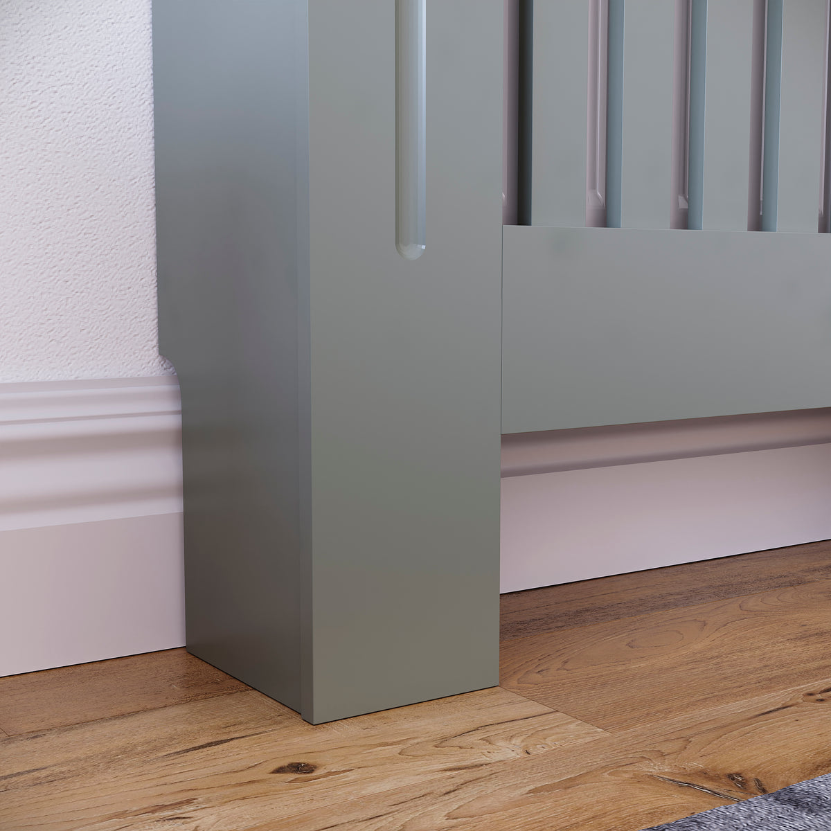 Small Olive Grey Chelsea radiator cover with decorative slatted front.
