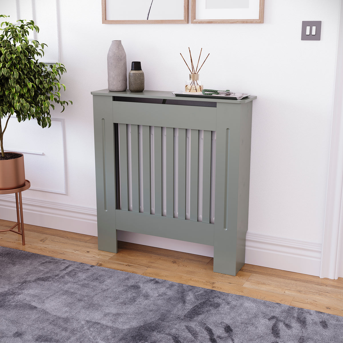 Small Olive Grey Chelsea radiator cover with decorative slatted front.