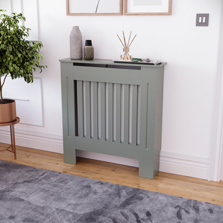 Small Olive Grey Chelsea radiator cover with decorative slatted front.