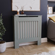 Small Olive Grey Chelsea radiator cover with decorative slatted front.
