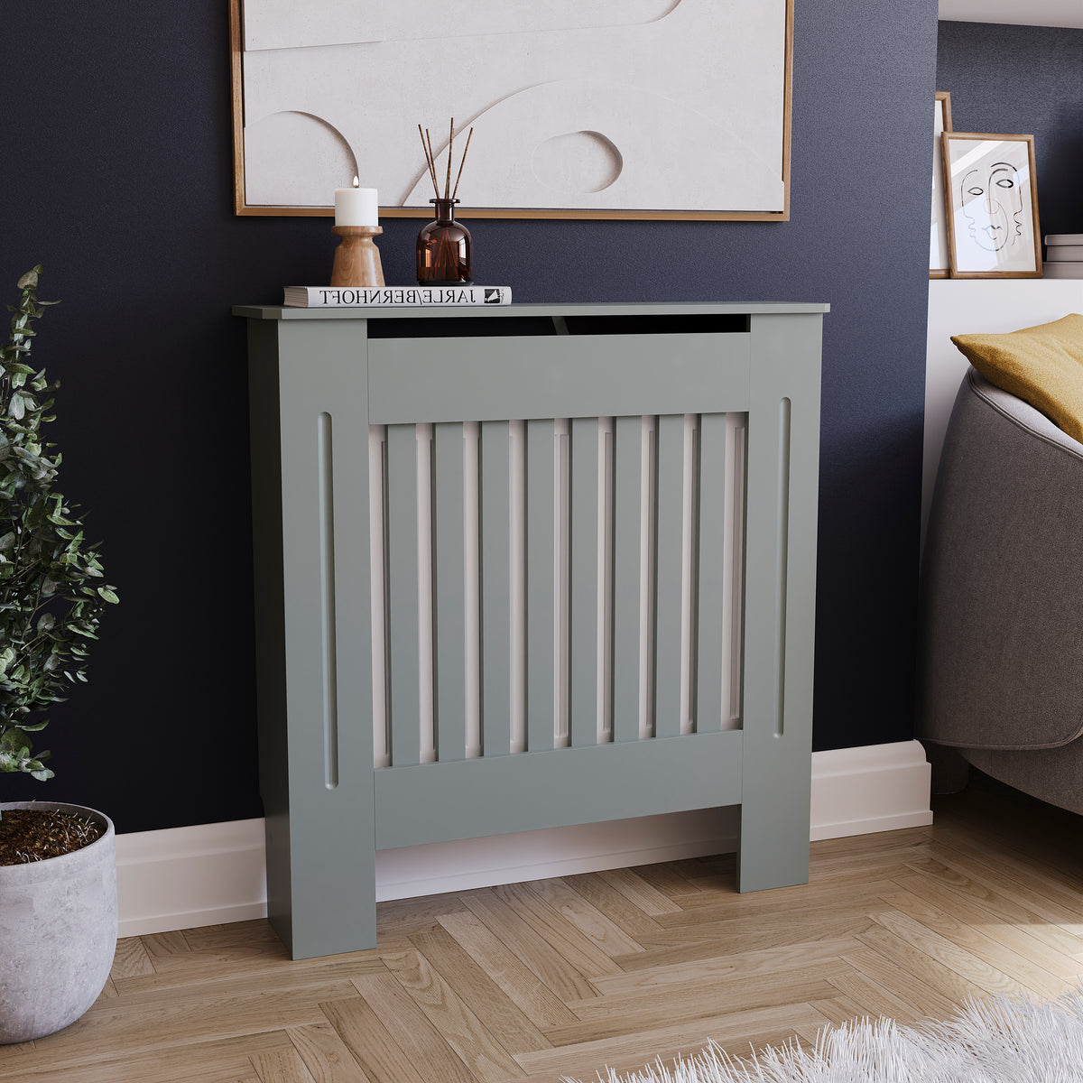 Small Olive Grey Chelsea radiator cover with decorative slatted front.
