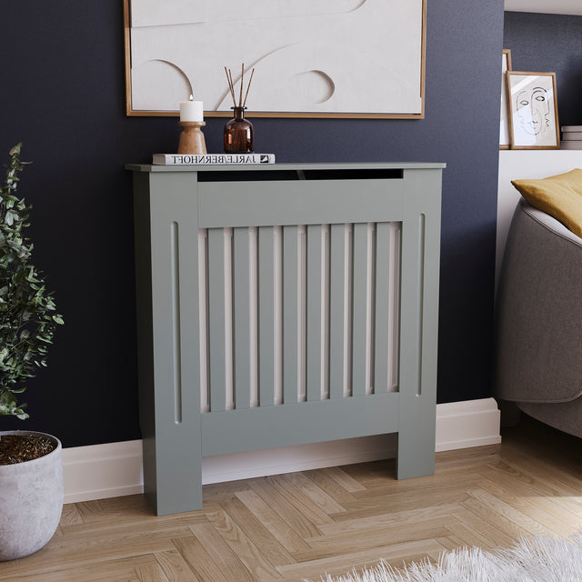 Small Olive Grey Chelsea radiator cover with decorative slatted front.
