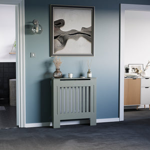 Small Olive Grey Chelsea radiator cover with decorative slatted front.