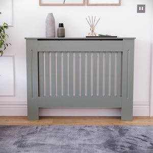 Medium Olive Grey Chelsea radiator cover with decorative slatted front