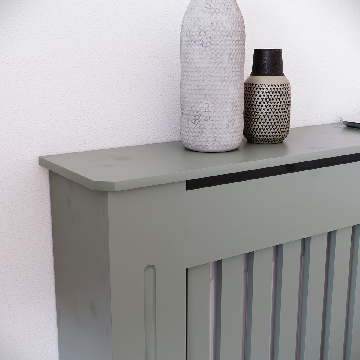 Medium Olive Grey Chelsea radiator cover with decorative slatted front