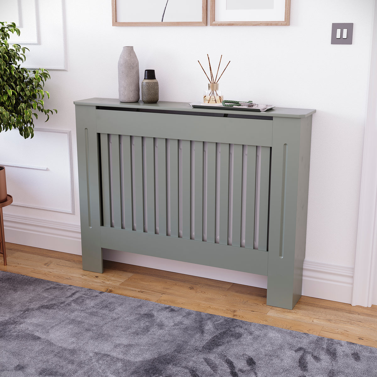 Medium Olive Grey Chelsea radiator cover with decorative slatted front