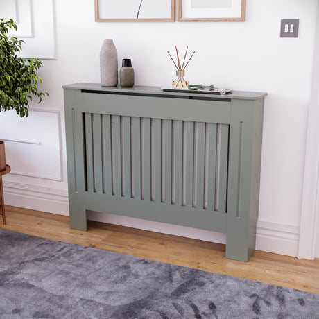 Medium Olive Grey Chelsea radiator cover with decorative slatted front