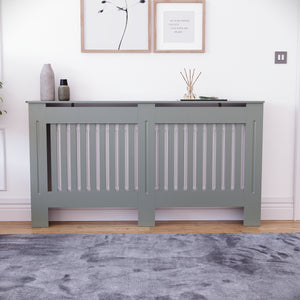 Large Chelsea radiator cover in olive grey with a decorative slatted front.
