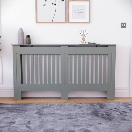 Large Chelsea radiator cover in olive grey with a decorative slatted front.
