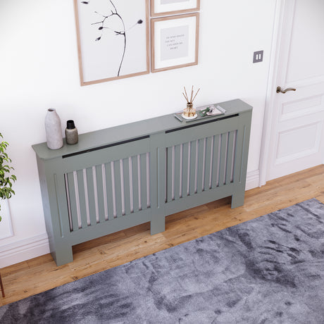 Large Chelsea radiator cover in olive grey with a decorative slatted front.
