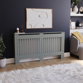 Large Chelsea radiator cover in olive grey with a decorative slatted front.
