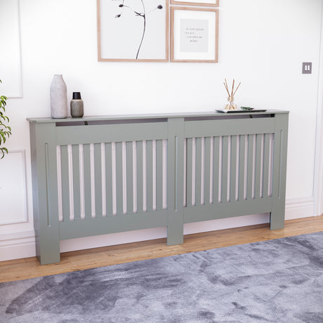 Extra large Chelsea radiator cover in olive grey with a decorative slatted front.
