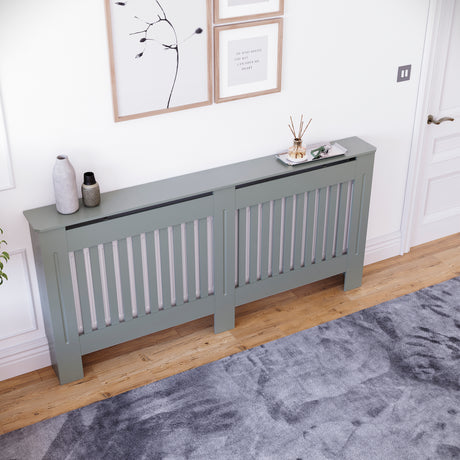 Extra large Chelsea radiator cover in olive grey with a decorative slatted front.

