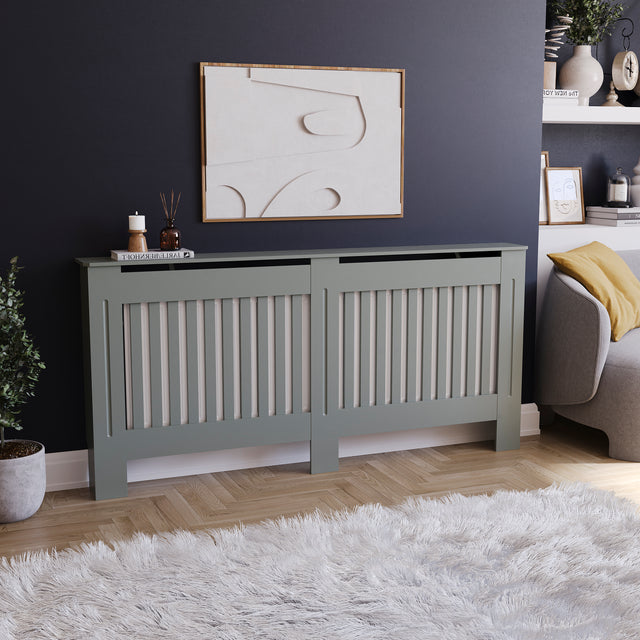 Extra large Chelsea radiator cover in olive grey with a decorative slatted front.
