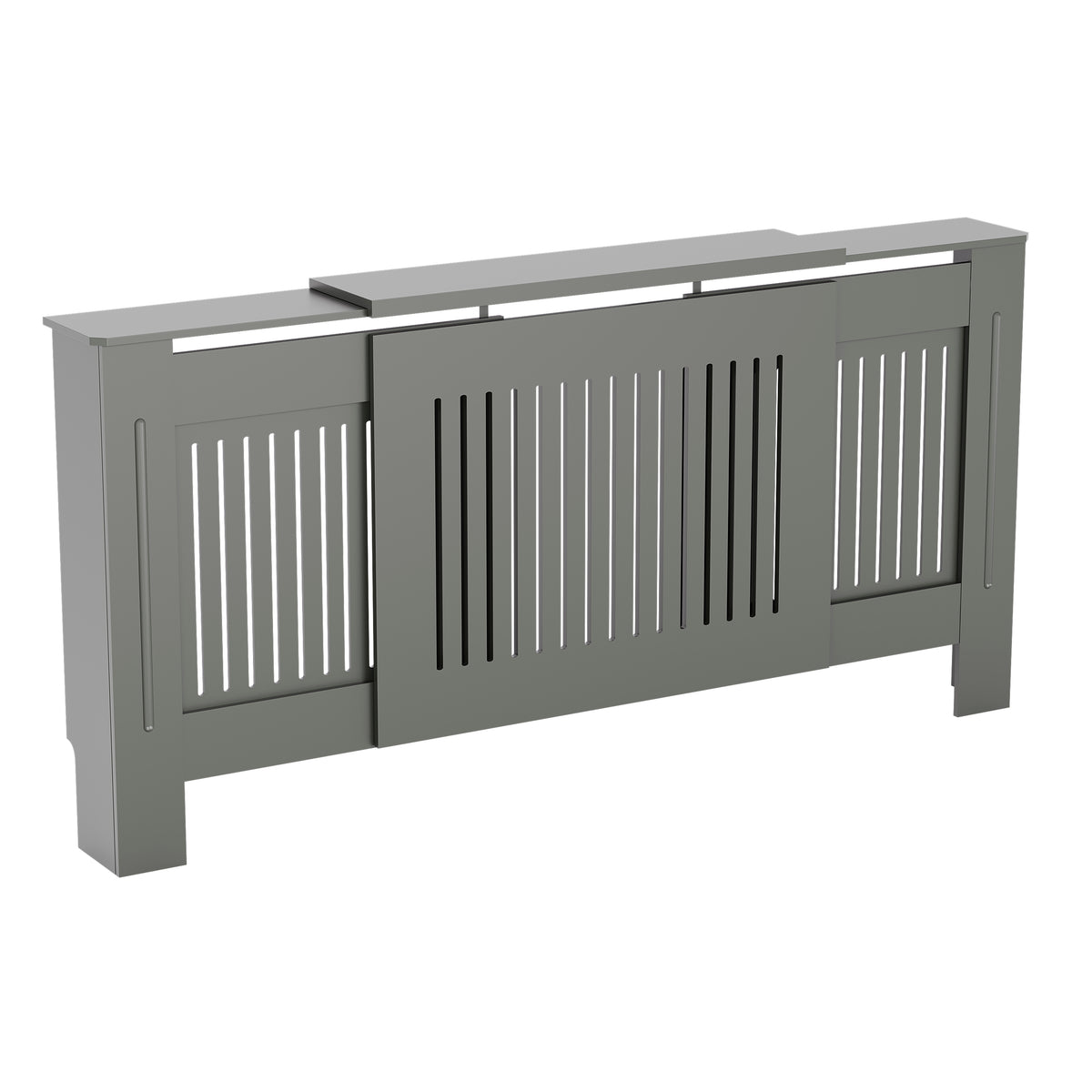 Adjustable Chelsea radiator cover in olive grey with a decorative slatted front.
