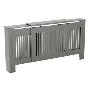 Adjustable Chelsea radiator cover in olive grey with a decorative slatted front.

