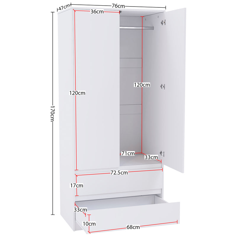 Denver 2-Door 2-Drawer Wardrobe - White