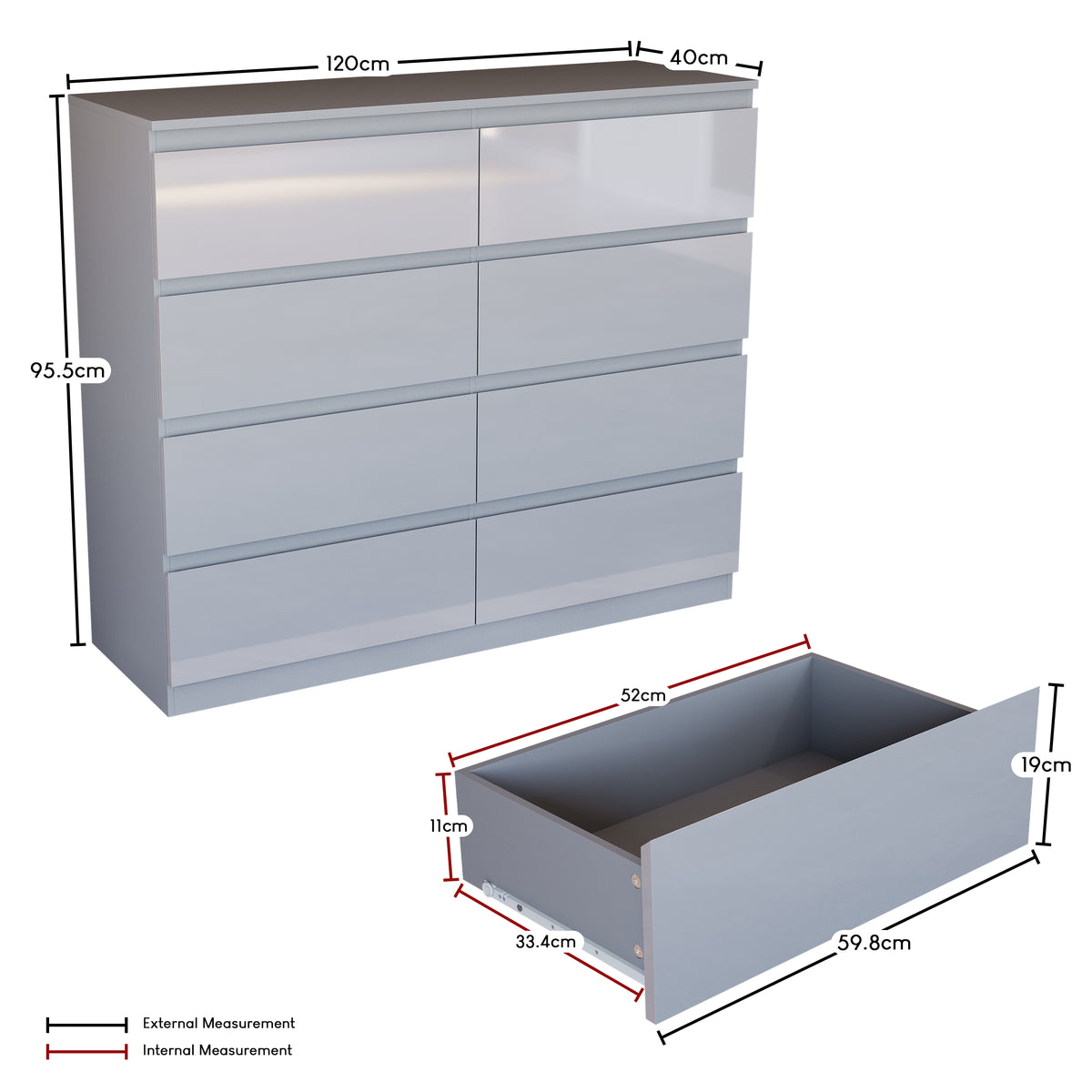 Glinton 8-Drawer Chest High Gloss, Grey