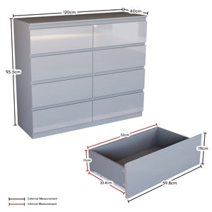 Glinton 8-Drawer Chest High Gloss, Grey