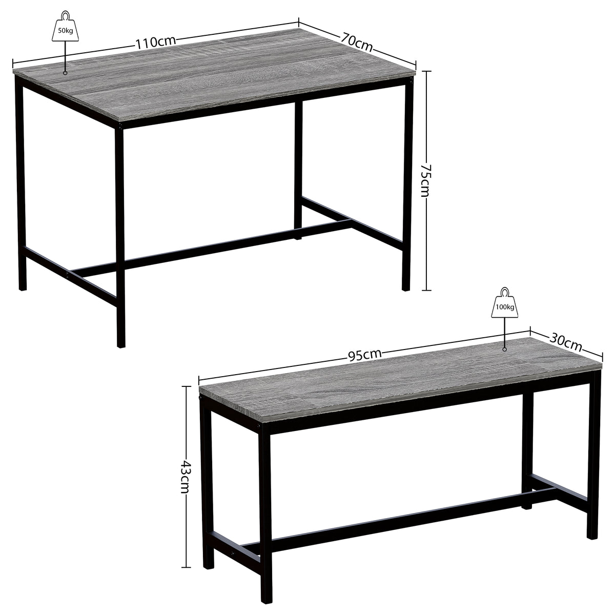Roslyn 4-Seater Dining Table With Bench Set - Grey