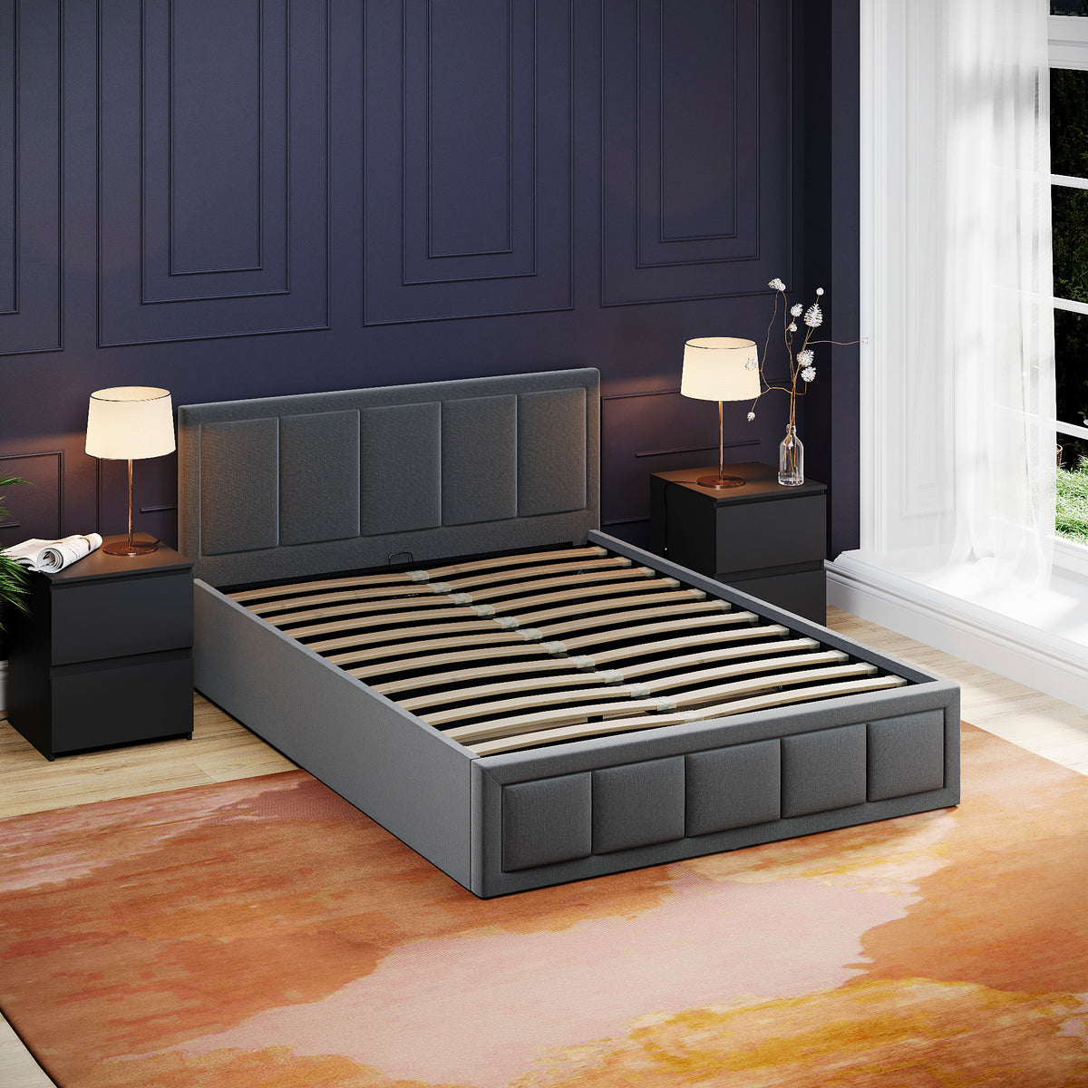 Vanita Double Fabric Ottoman Bed, Dark Grey UKFR