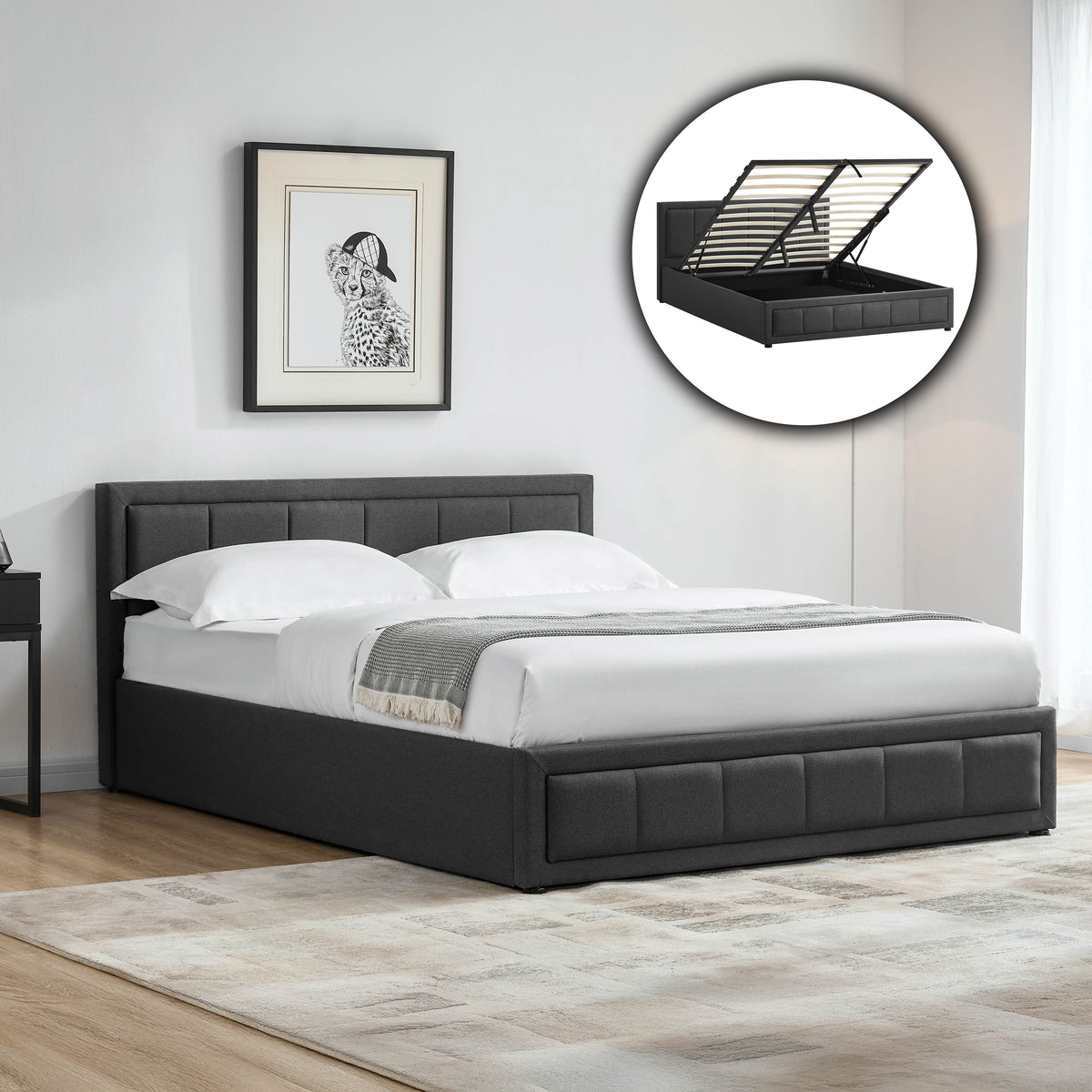 Vanita King Size Fabric Ottoman Bed, Dark Grey UKFR