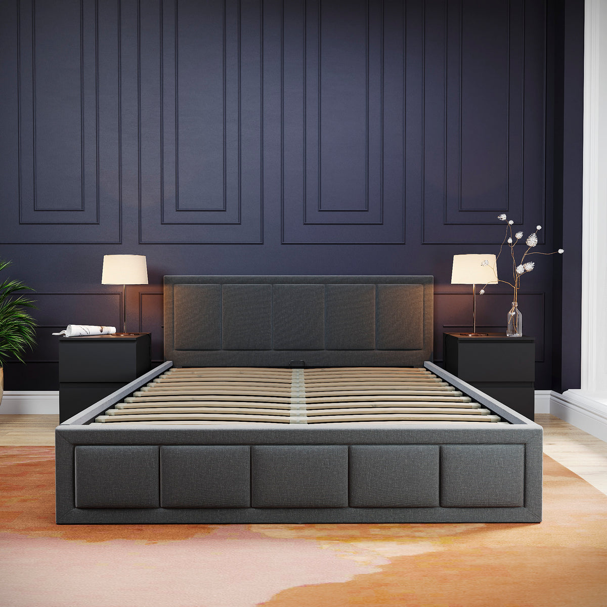 Vanita King Size Fabric Ottoman Bed, Dark Grey UKFR