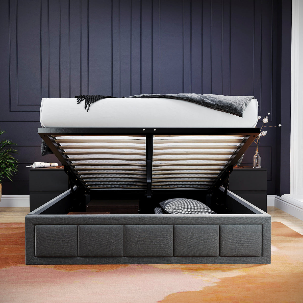 Vanita King Size Fabric Ottoman Bed, Dark Grey UKFR