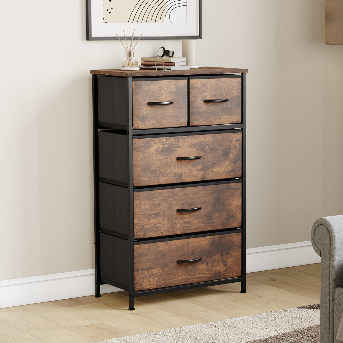 Chorley 5 Drawer Fabric Drawer Chest, Rustic Brown
