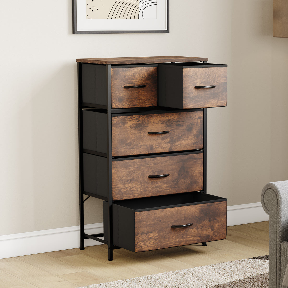 Chorley 5 Drawer Fabric Drawer Chest, Rustic Brown