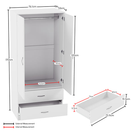 Riano 2 Door 2 DrawerWardrobe for Bedroom Storage- white
